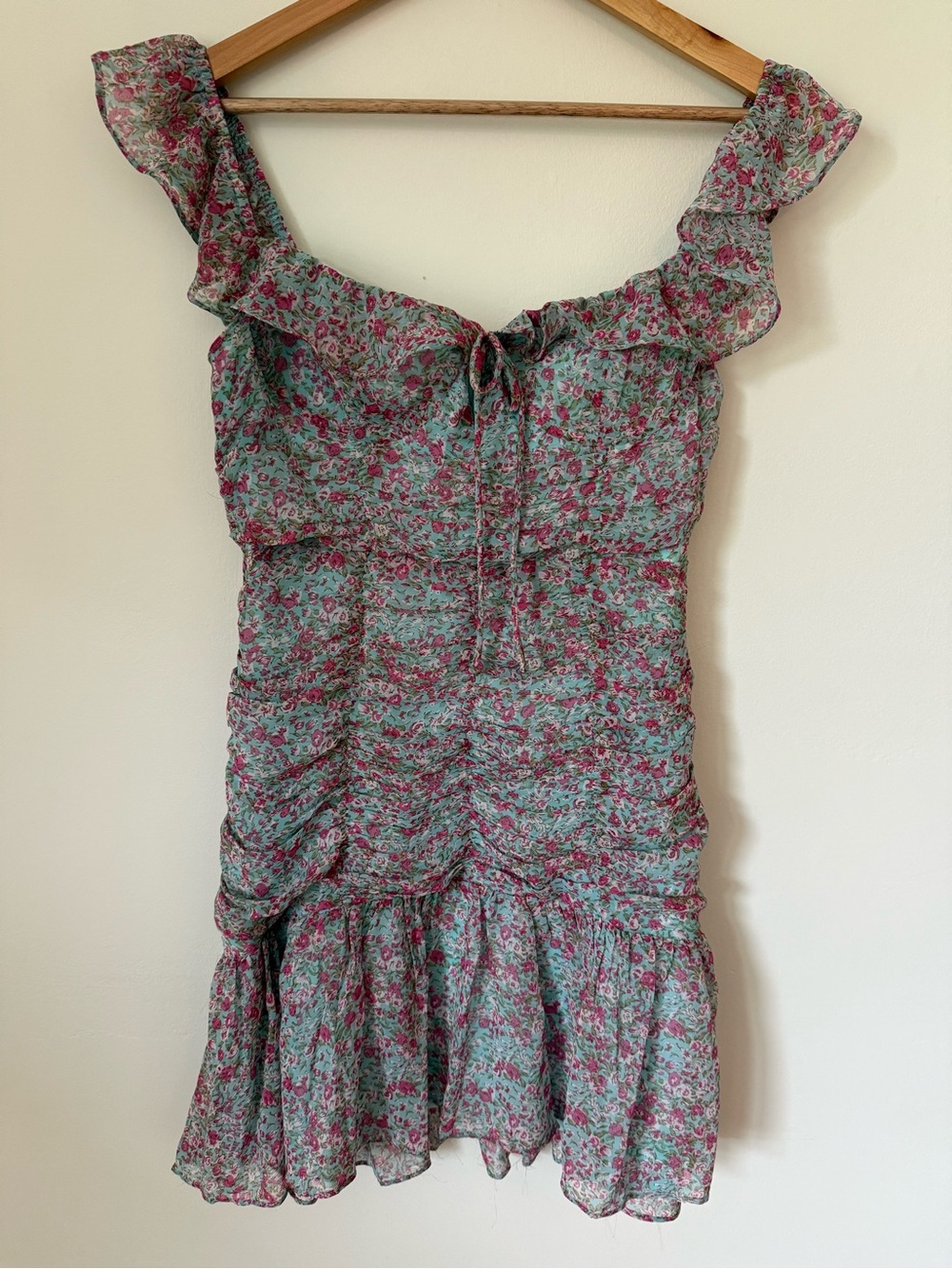 ASTR The Label- Floral Tie-Front Mini Dress in Mint and Pink